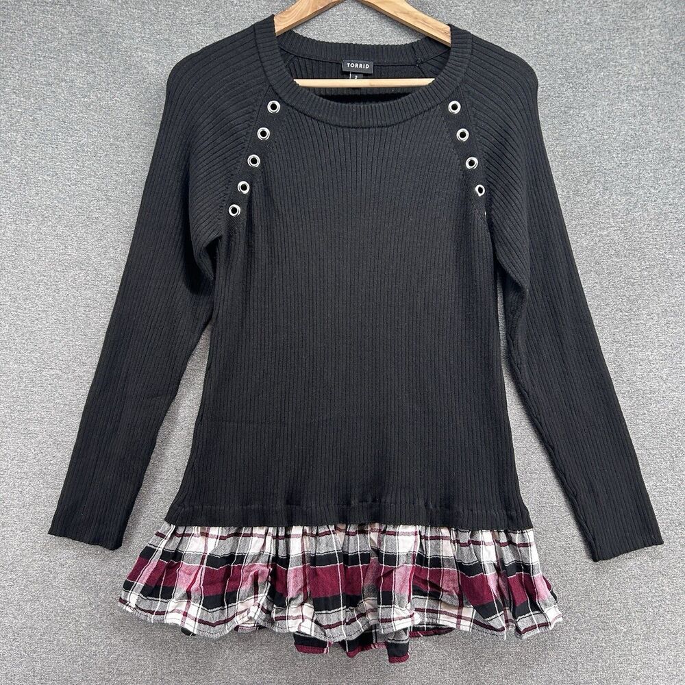 Torrid Sweater Womens Plus 2X Black Faux Layered Plaid Peek A Boo Rivets Grunge